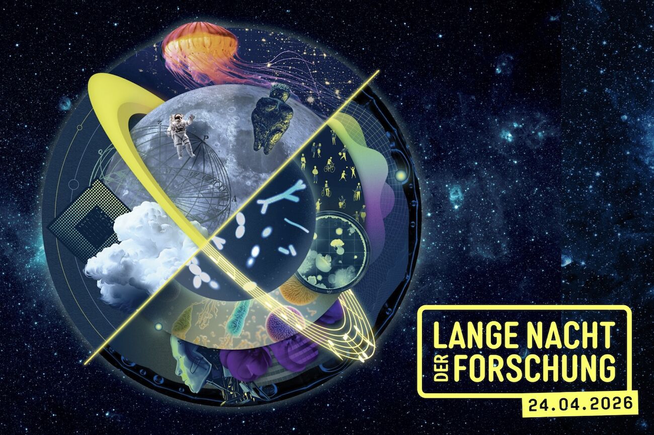 Dekorativbild im Weltraum mit dem Logo der langen Nacht der Forschung