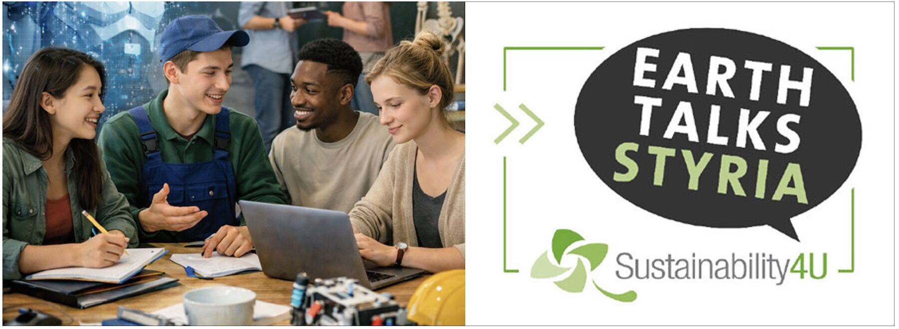 KI-generiertes Bild mit vier Studierenden sitzend an einem Tisch