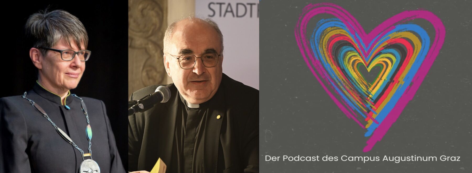 Dekorativbild: Profilbilder von Rektorin Andrea Seel und Bischof Wilhem Krautwaschl und dem Podcast-Logo