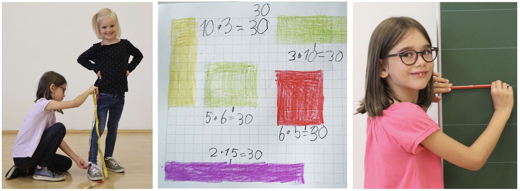 dreiteiliges Bild: Kinder beim Messen, ein Arbeitsblatt mit Malreihen