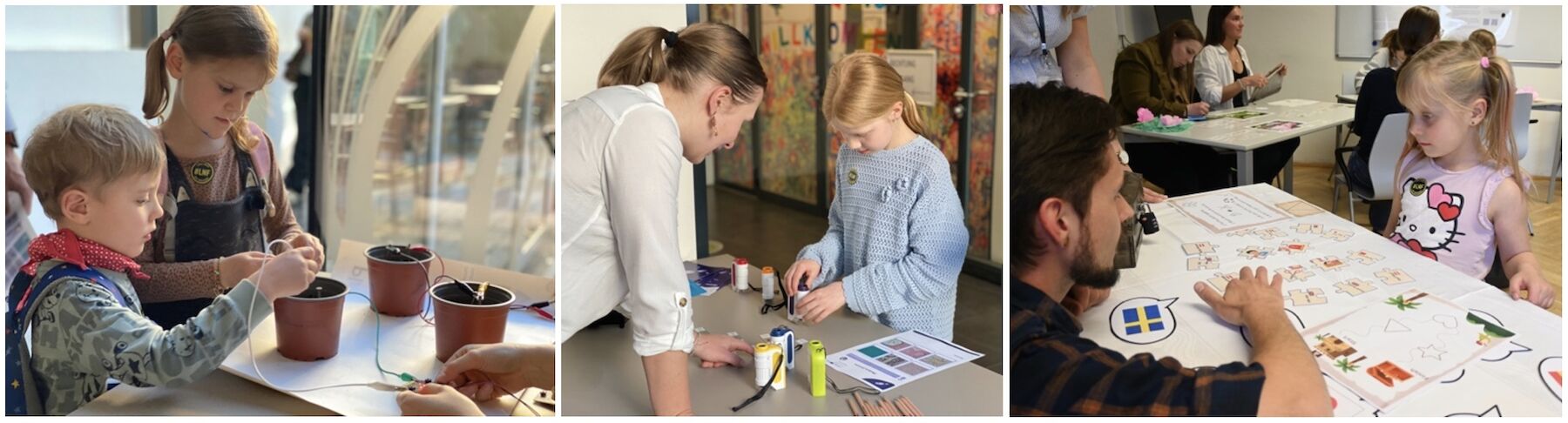 Dreiteiliges Bild: Kinder forschen mit Strom, mit Licht und legen Bildkarten