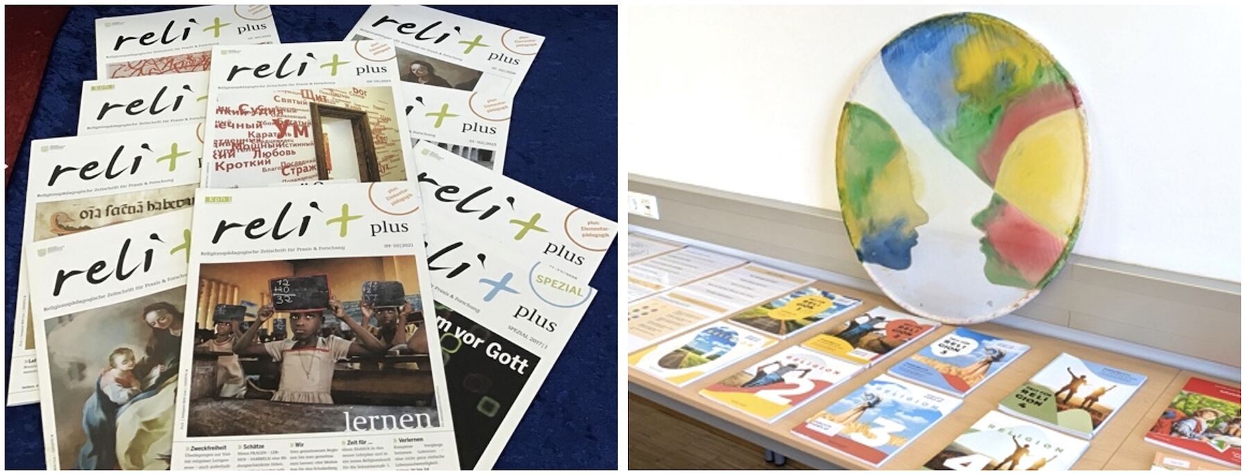 zweiteiliges Bild: Zeitschrift reli+ sowie Bücher auf einem Tisch