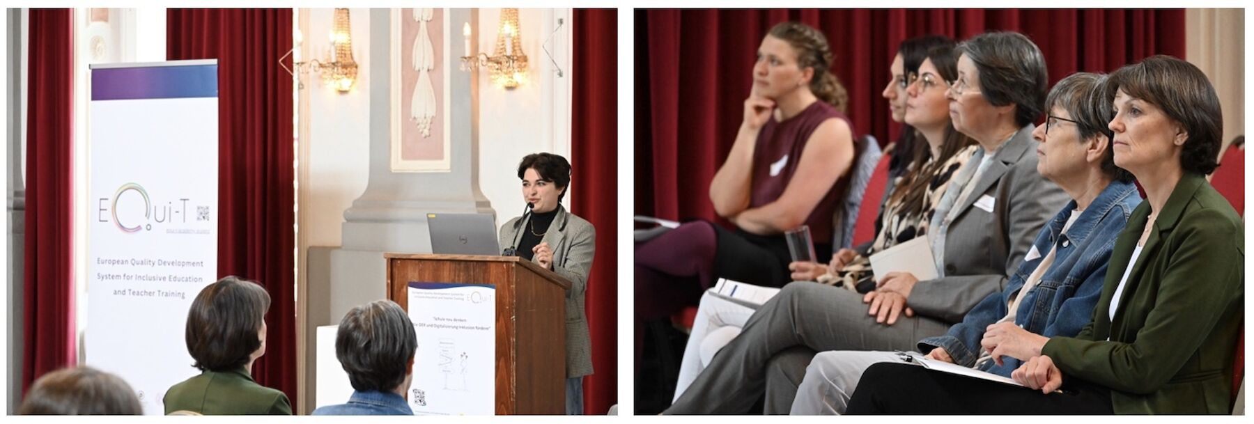 zweiteiliges Bild: Keynotespeakerin und Zuhörer*innen im Festsaal