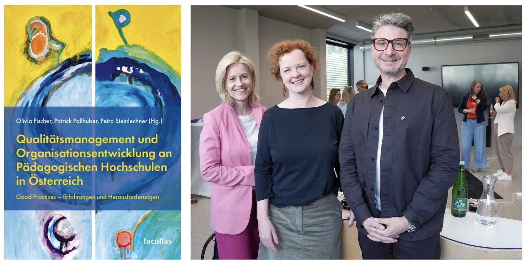 Zweiteiliges Bild: Buchcover und Gruppenfoto im Seminarraum