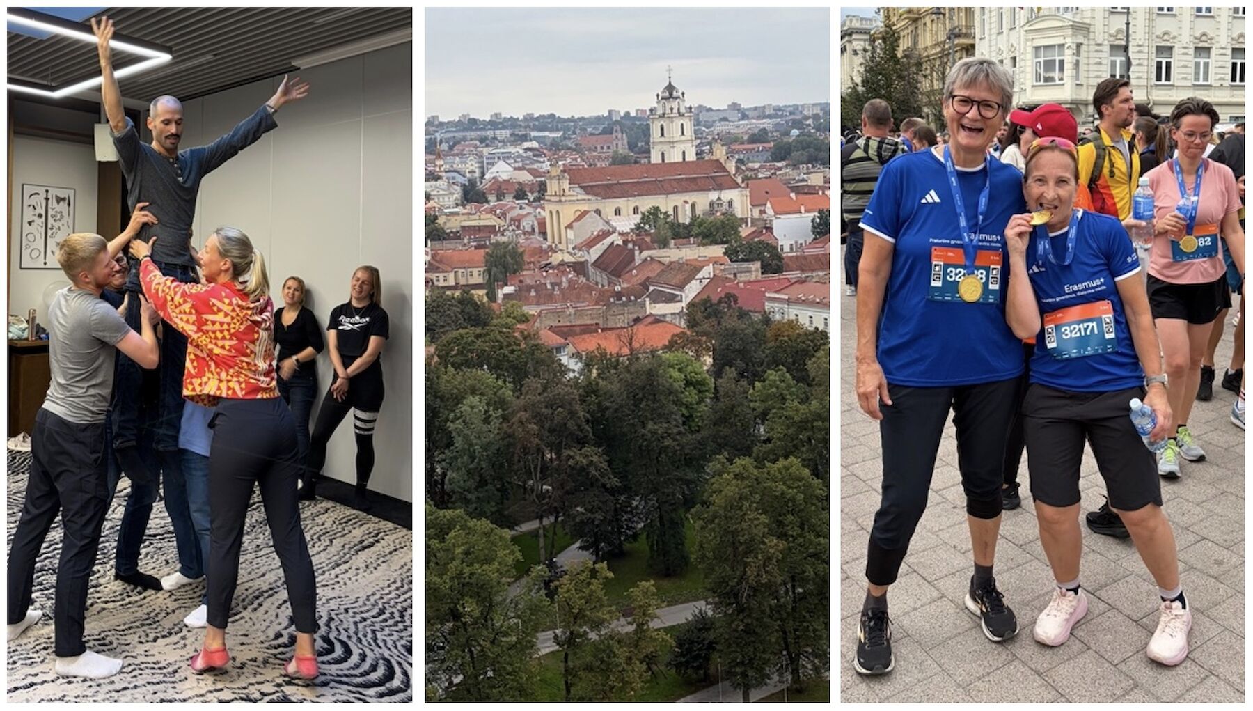 dreiteiliges Bild: Eindrücke aus dem Seminar, ein Stadtbild, Lehrende beim Marathon