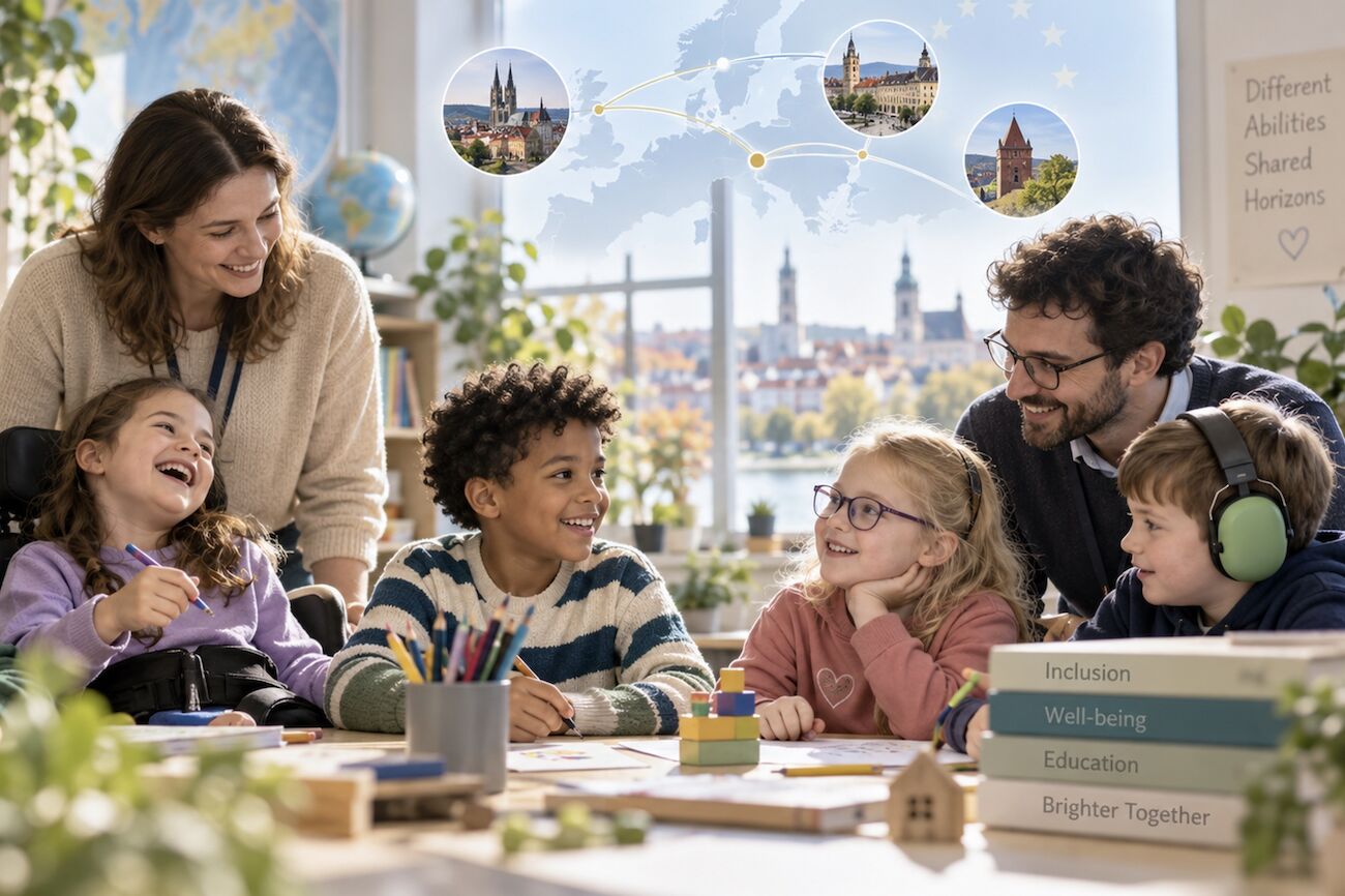 4 Kinder sitzen an einem Tisch, 2 Erwachsene lernen mit ihnen