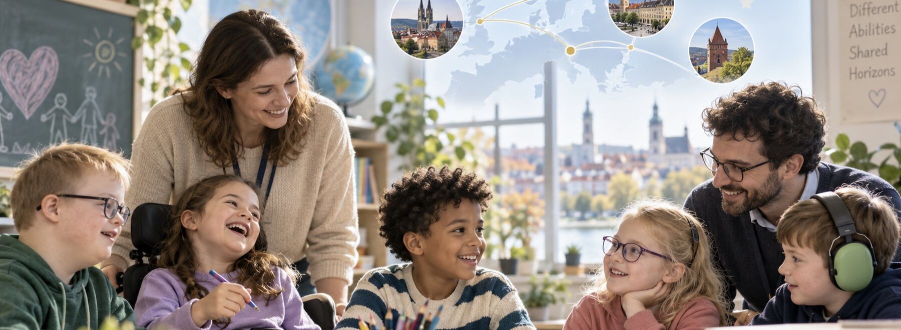4 Kinder sitzen an einem Tisch, 2 Erwachsene lernen mit ihnen