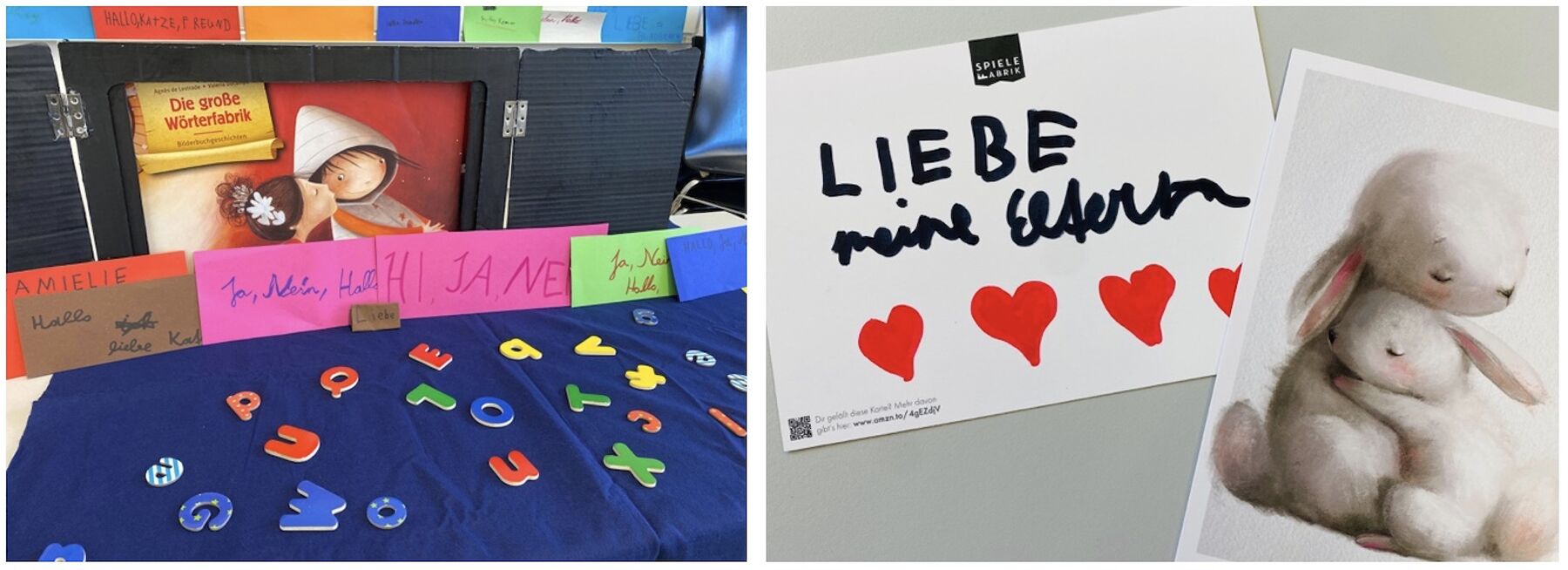 Ein Kamishibia auf einem Tisch, davor viele kleine Buchstaben, eine Karte mit einem Hasen