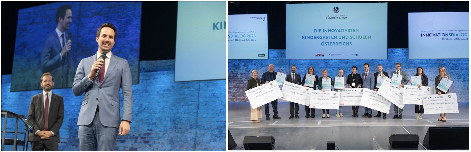 2teiliges Bild: Bildungsminister Wiederkehr und Gruppenbild der Preisträger*innen