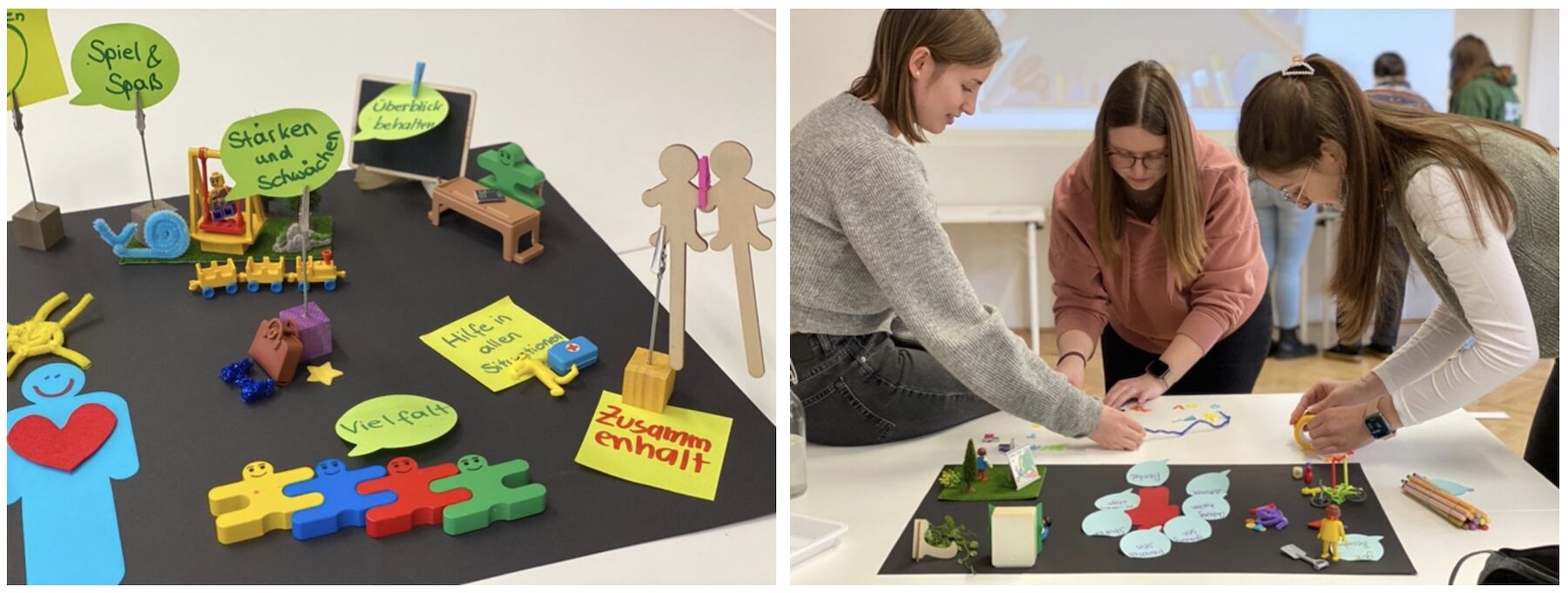 2teiliges Bild: Studierende formen kreativ ihre neue Lehrer*innenrolle auf einem schwarzem Blatt Papier