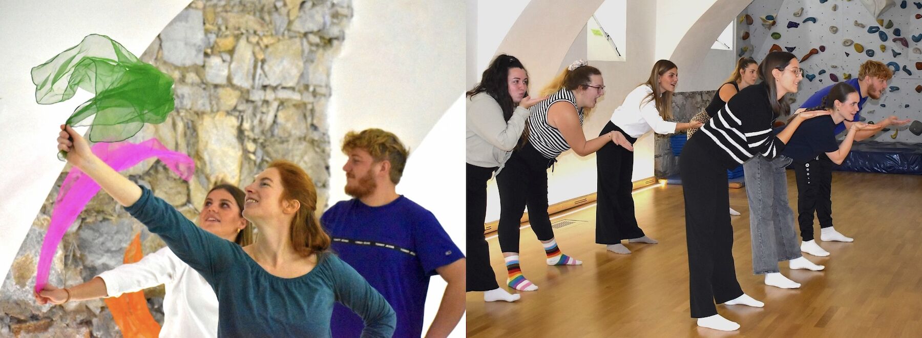 Dekorativbild aus zwei Bildern: Studierende beim Tanzen im Turnsaal