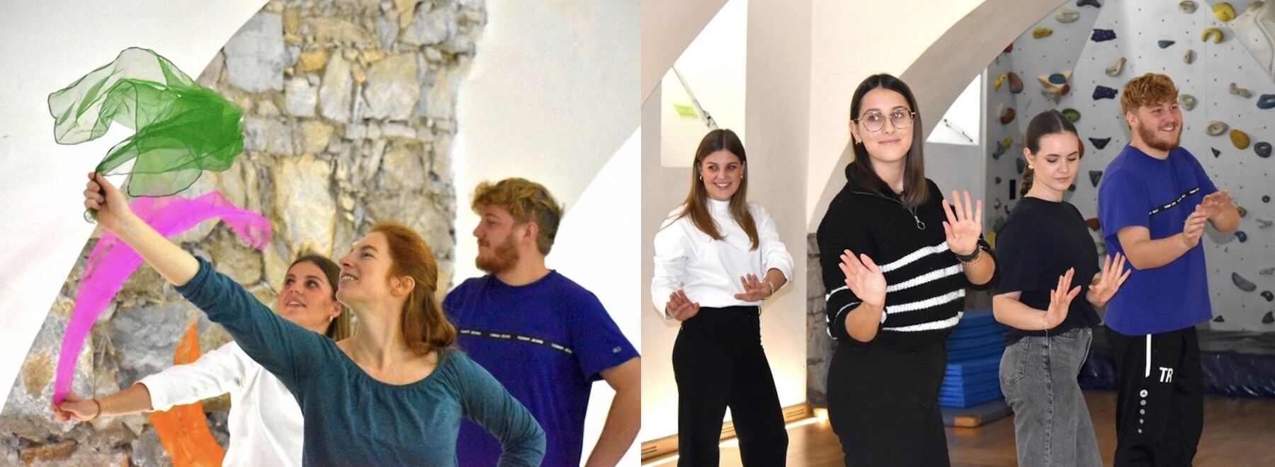 Dekorativbild aus zwei Bildern: Studierende beim Tanzen im Turnsaal