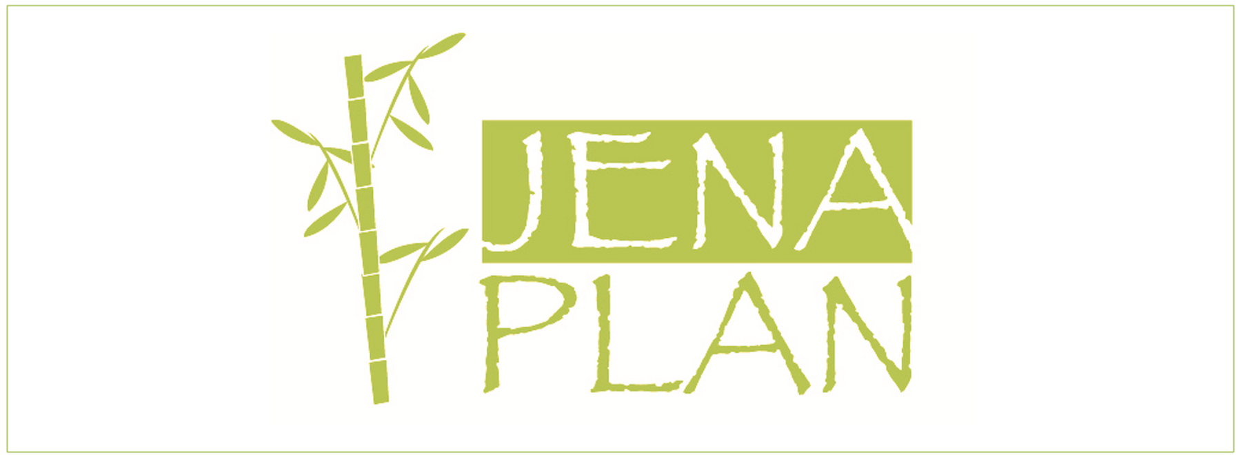 Grüne Bambusillustration mit Text „Jena Plan Österreich“ auf weißem Hintergrund.