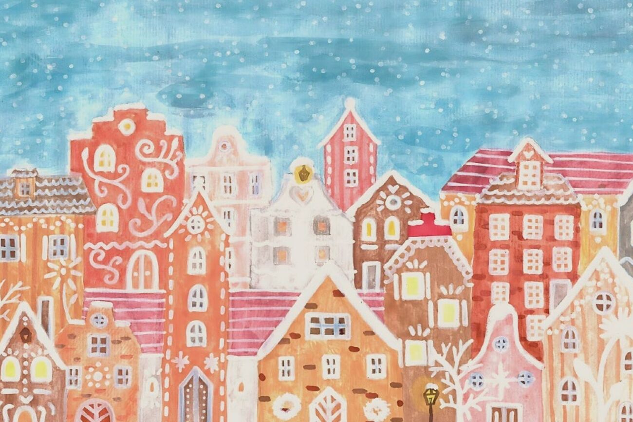 Gezeichnetes Winterbild: bunte Häuser vor einem blauen Himmel