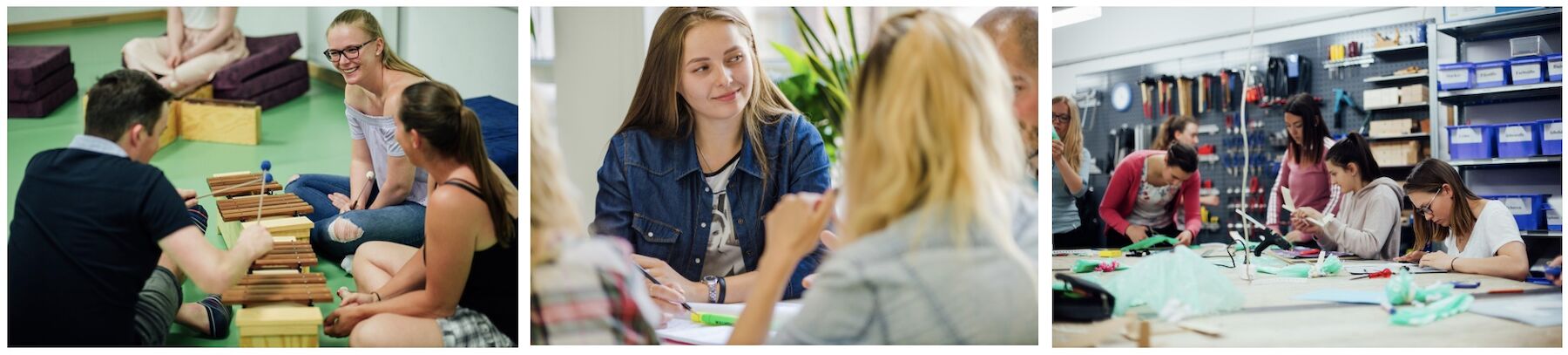 dreiteiliges Dekorativbild: Studierende im Musikraum, im Seminarraum und im Werksaal