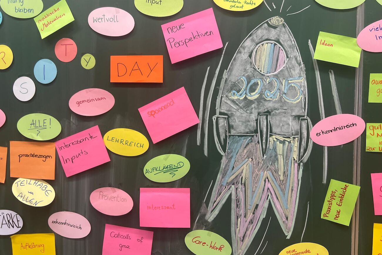 Notizen zum Diversity Day befinden sich auf Post-its an einer Tafel