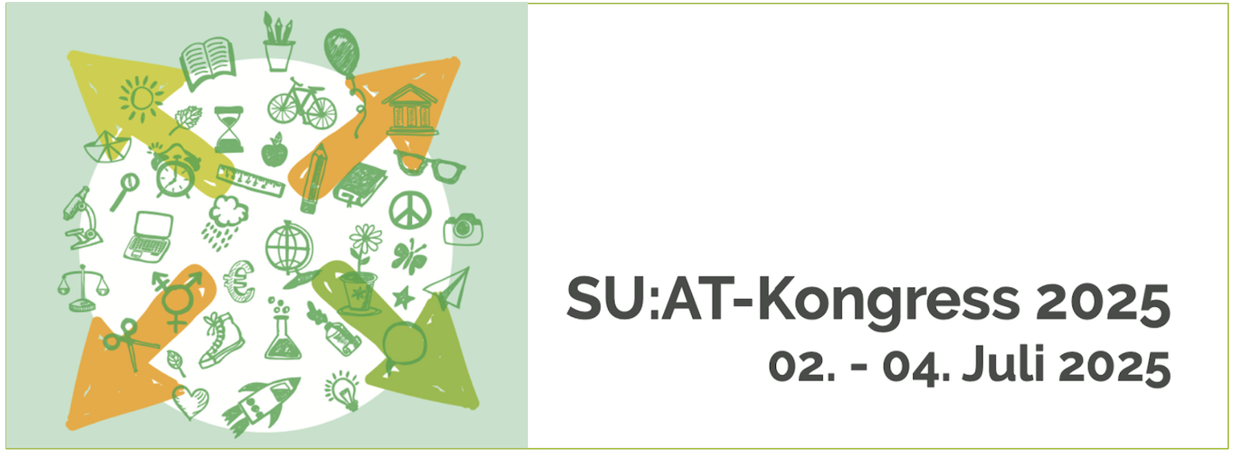 Logo SU:AT, ein weißer Kreis mit Symbolen und vier Pfeilen