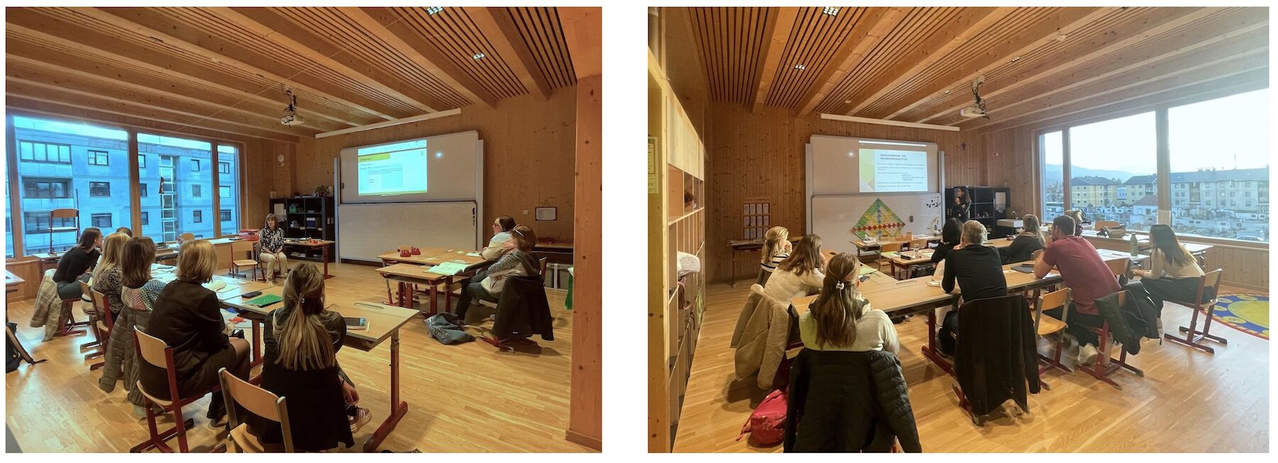 Zwei Bilder: Teilnehmende und Lehrende der Fortbildung in einer Volksschulklasse