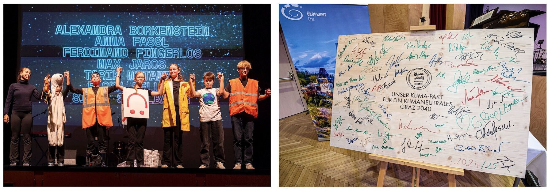 2teiliges Bild: Kinder als Mitwirkende bei der Veranstaltung, Poster mit Unterschriften zum Klima Pakt 2025