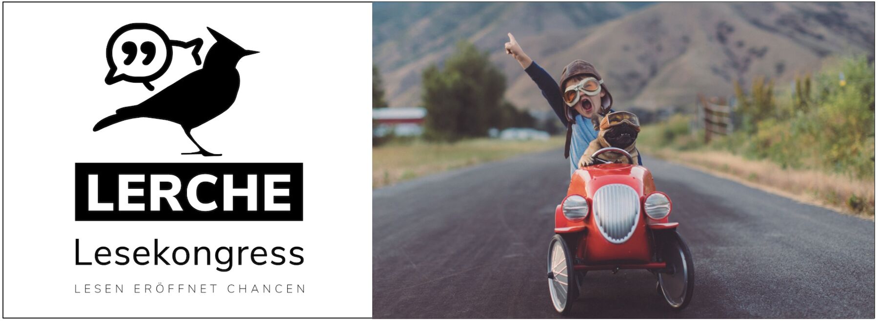 Dekorativbild: Logo LERCHE Lesekongress und ein Bild eines Buben, der in einem roten Auto sitzt und einen Hund hält