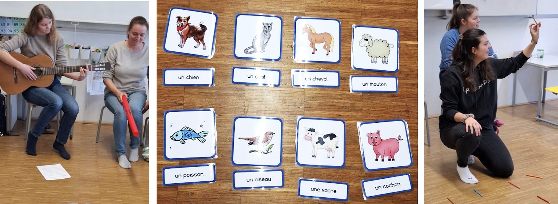 dreiteiliges Bild: Studierende im Seminarraum mit Gitarre und Unterrichtsmaterial