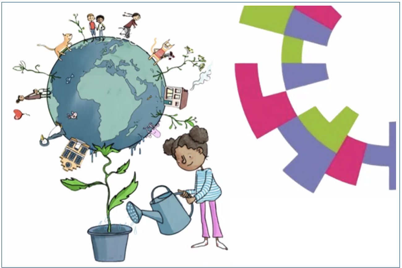 Dekorativbild: Logo 1st Jenaplan Conference und eine Welt im Blumentopf, die von einem Kind gegossen wird