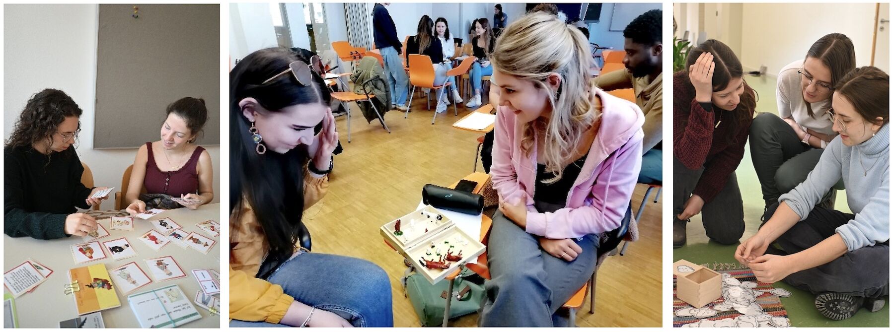 Dreiteiliges Bild: Studierende im Seminarraum arbeitend mit Unterrichtsmaterial