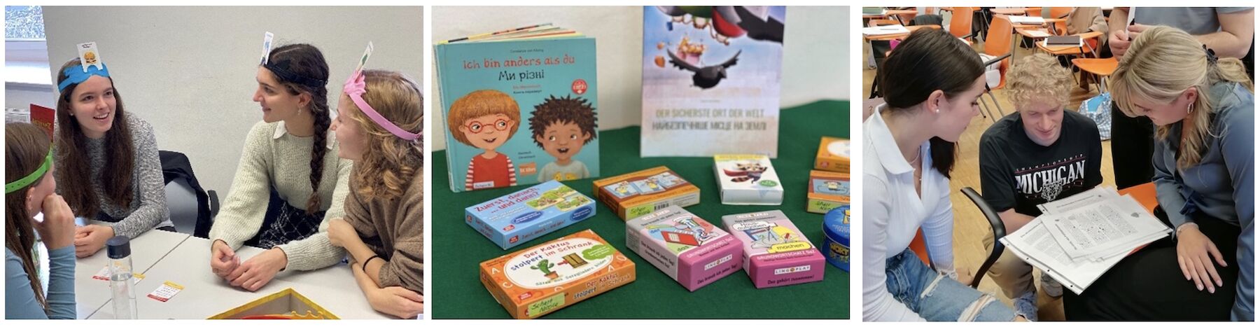 Dreiteiliges Bild: Studierende im Seminarraum arbeitend mit Unterrichtsmaterial